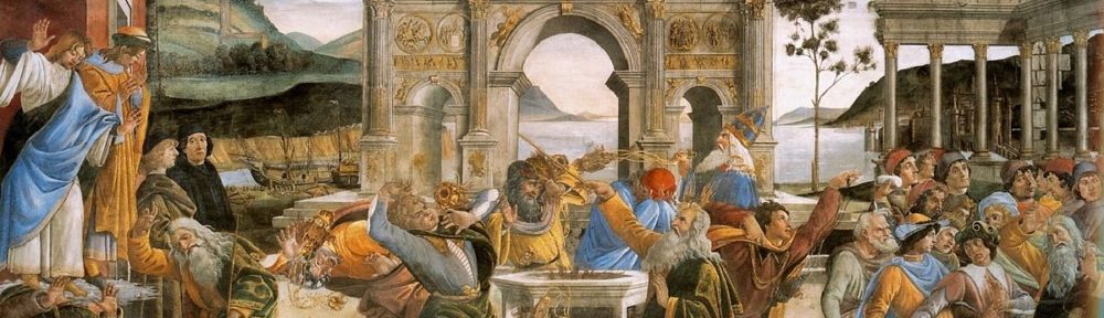 "The Punishment of Korah and the Stoning of Moses and Aaron" by Sandro Botticelli, 1481-82. Fresco in Sistine Chapel. (Wikimedia Commons)